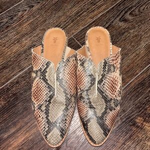 Frye Nolan Seam Mules in Taupe Snakeskin